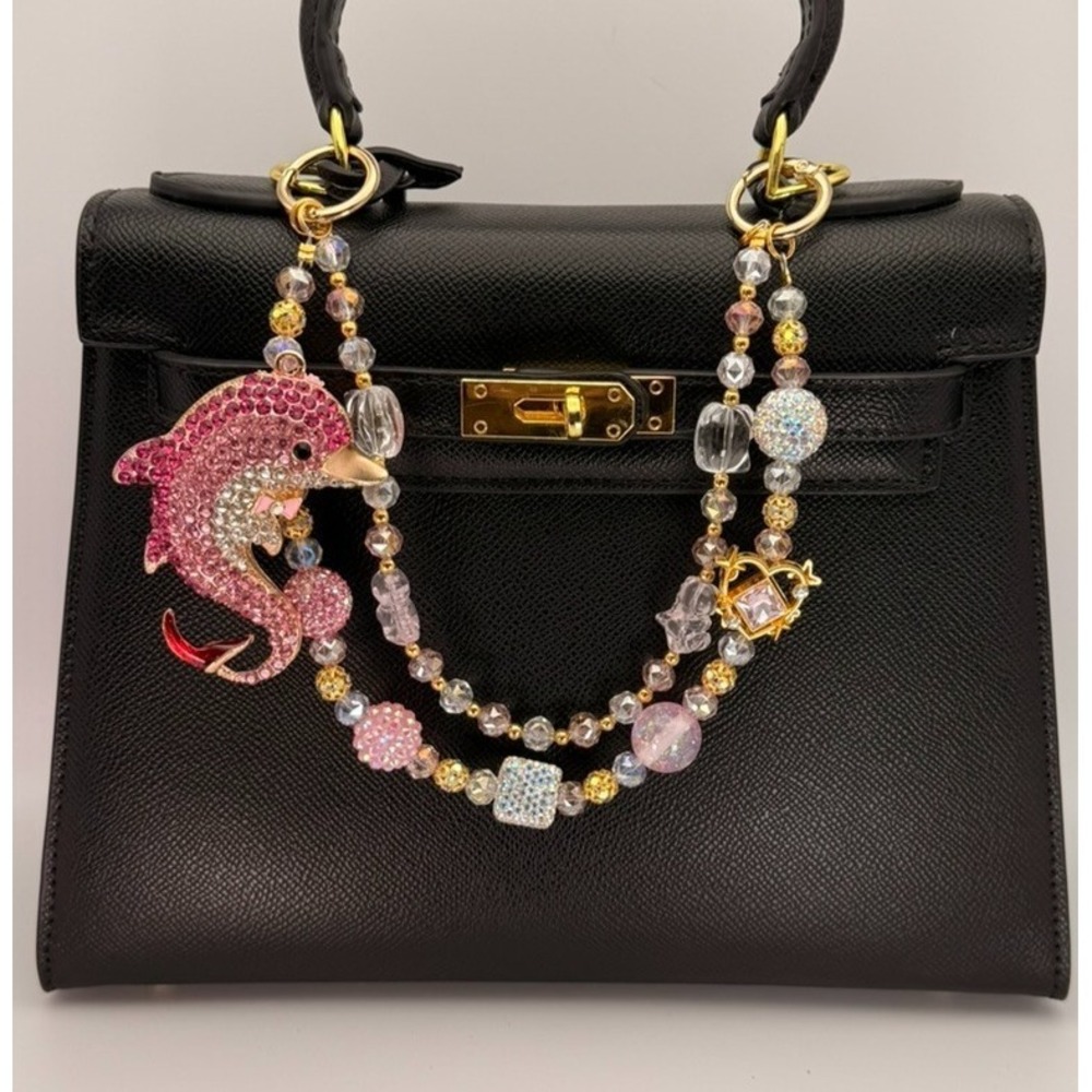 Pink‎ Dolphin Bag Charm Crystal Beaded Purse Charm Heart Lock Keychain Gold